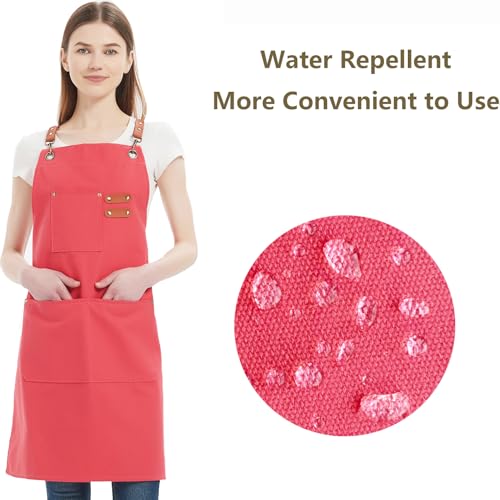 AFUN Chef Aprons for Women Men with Oversized Pockets, 12-Ounce Cotton Canvas Cross Back Water Repellent Apron (Pink) - color: Pink