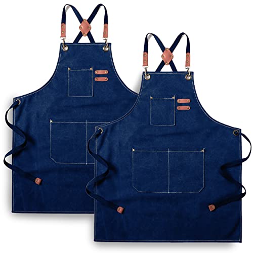 Tosewever 2 Pack Canvas Cross Back Chef Apron for Men Women with Pockets, Cotton Tool Aprons for Cooking Kitchen BBQ Artist - color: Blue