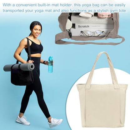 PATIKIL Yoga Mat Bags, Yoga Tote Carrier Shoulder Bag with Mat Pocket Carryall Canvas Tote Yoga Gym Bags - color: Khaki
