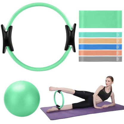 TOPZGLEEY Pilates Ring Set – 14" Anti-Deformation Magic Circle with Padded Handles, Mini Ball, 5 Resistance Bands, Guide, Pilates Equipment for Home Workout - color: TURQUOISE