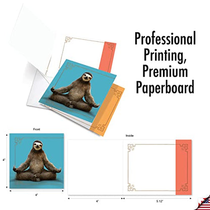 The Best Card Company - 10 Blank Yoga Note Cards (4x 5.12 Inch) - Boxed Notecards with Envelopes, Cute Animal Cards, Zen Assortment - Sloth Yoga AMQ6255OCB-B1x10 - style: Sloth Yoga