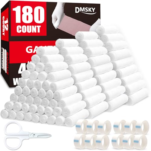 DMSKY 180 Pack Gauze Rolls, 4 in x 4.1 Yards | Individually Wrapped Gauze Wrap Roll for Wounds, Premium Rolled Gauze Bandage Wrap, Mummy Wraps - color: 180pack, size: 4 IN