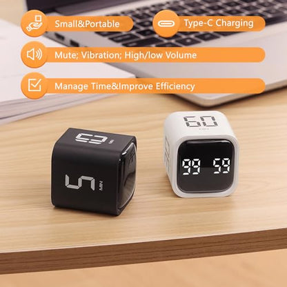 GuDoQi Multi-Function Cube Timer, 5/10/30/60 Min & Custom Count Down, Included Pause & Resume Feature, Silent, Vibrate & Adjustable Sound Alarm for Productivity in Tasks, Study & Kitchen, Black - color: Black