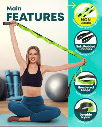 Stretching Strap with Loops - Non Elastic Yoga Strap for Physical Therapy - style: 12 Loops - Green