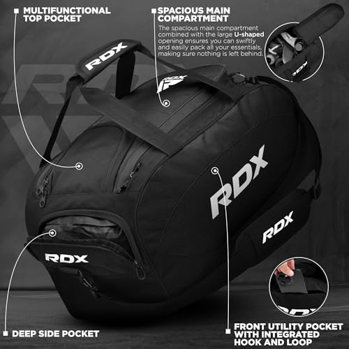 RDX 50L Gym Bag with Ventilated Shoes Compartment, All In One Backpack Duffle Holdall, Fitness Sports MMA Boxing Yoga Swim Gear Sportswear Bag, Weekend Overnight Travel Hiking Rucksack for Men Women - color: Black