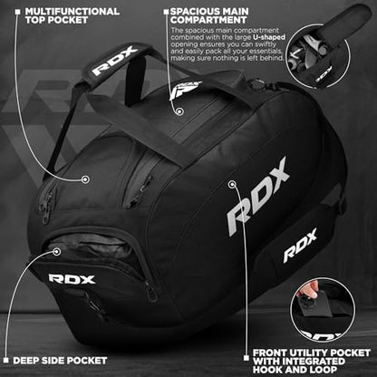 RDX 50L Gym Bag with Ventilated Shoes Compartment, All In One Backpack Duffle Holdall, Fitness Sports MMA Boxing Yoga Swim Gear Sportswear Bag, Weekend Overnight Travel Hiking Rucksack for Men Women - color: Black
