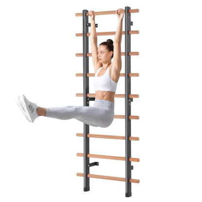 DHT Wood Stall Bar, Swedish Ladder Suspension Trainer with 9 Strategic Rods, for Home, Gym, School and Clinics, Black - color: WA2