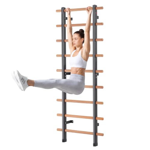 DHT Wood Stall Bar, Swedish Ladder Suspension Trainer with 9 Strategic Rods, for Home, Gym, School and Clinics, Black - color: WA2