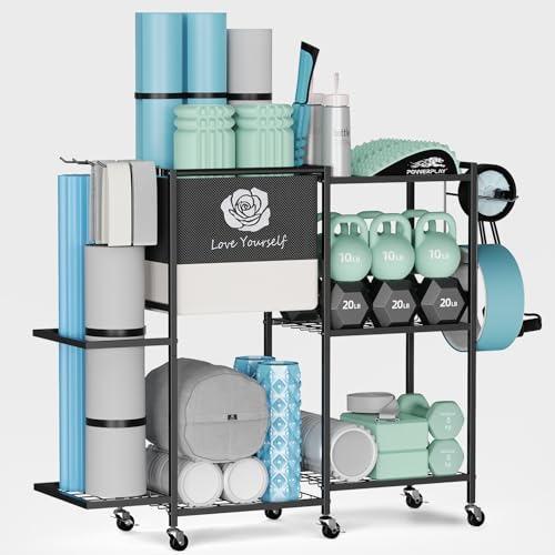 Yoga Mat Storage Rack，Home Gym Storage Rack Gym Workout Equipment Storage Organizer Fitness Weight Rack on Wheels for Yoga Mat,Yoga Block,Foam Roller,Resistance Band,Dumbbell,Kettlebell and Other Workout Accessories - color: Dark