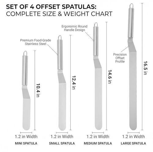 4-Piece Offset Spatula Set for Cake Decorating – Food-Grade Stainless Steel Angled Icing Spatulas with Ergonomic Handles – Frosting Tools for Cakes & Cupcakes (10", 12", 14", 16")