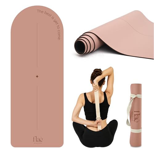 Premium PU Yoga Mat | Sweat-Activated Non-Slip Grip | Natural Rubber Base | Arch-Shaped Design with Carry & Stretch Strap | For Yoga, Pilates & Stretching & Workouts - color: dusty pink