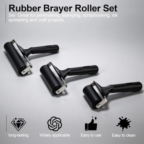 Brayer for Gelli Plate, 3 Pack Rubber Ink Rollers for Printmaking | Three sizes help spread paint smoothly for cards, paper, stamps and craft projects, giving cleaner coverage with less mess