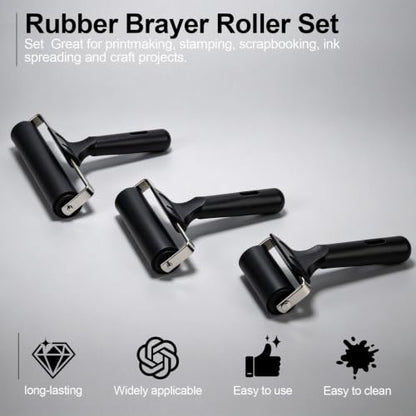 Brayer for Gelli Plate, 3 Pack Rubber Ink Rollers for Printmaking | Three sizes help spread paint smoothly for cards, paper, stamps and craft projects, giving cleaner coverage with less mess