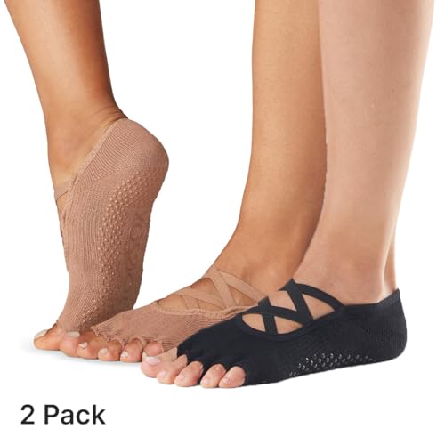 toesox Bellarina Grip Socks for Women, Half-Toe - color: Black & Nude, size: Medium