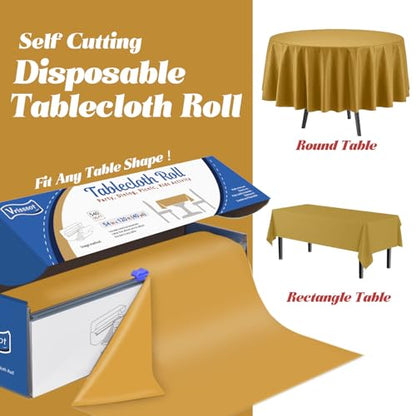 Plastic Table Cover Roll Disposable Tablecloth: 54in X 120ft Table Covers Plastic Table Cover Roll with Easy Slide Cutter Plastic Table Cloths for Parties Disposable-Gold (Pack of 2) - color: Gold, size: 1440" x 54" (Rectangular) (Pack of 2)
