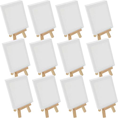 U.S. Art Supply 4" x 6" Stretched Canvas with 8" High Small Natural Wooden Easel (12 Pack), A-Frame Canvas Stand Tripod, Small Painting Easels - Tabletop Easel for Painting, Canvases, Student Crafts - size: 8" Easel & 4x6 Canvas - 12-pack
