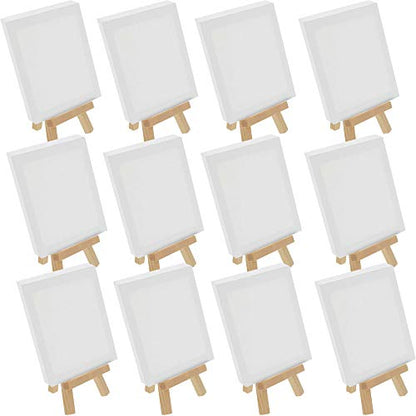 U.S. Art Supply 4" x 6" Stretched Canvas with 8" High Small Natural Wooden Easel (12 Pack), A-Frame Canvas Stand Tripod, Small Painting Easels - Tabletop Easel for Painting, Canvases, Student Crafts - size: 8" Easel & 4x6 Canvas - 12-pack