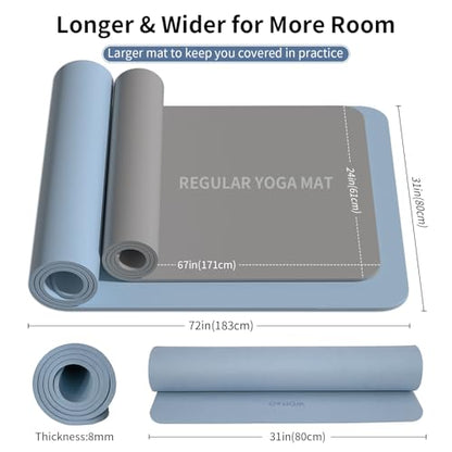 Extra Wide & Thick 8mm Yoga Mat, 72"x31.5" | Large Non Slip Exercise Mat, Premium POE Material, Superior Cushioning & Stability, With Strap for Home Gym, Pilates - color: Haze Blue