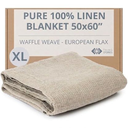Pure 100% Linen Throw Blanket 50x60-inch Waffle Weave Linen Beach Blanket - color: Natural Linen, size: Throw Blanket