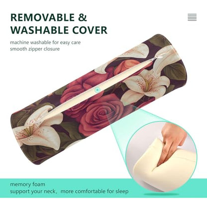 Roses and Lily Flowers Neck Roll Pillow Bolster Round Health Memory Foam Long Cervical Cylinder Pillows with Removable Washable Cover for Body Bed Legs Back Yoga - color: Roses and Lily Flowers