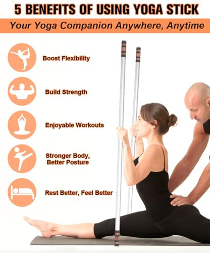Queension 5ft Yoga Stick Adjustable Stretching Bar for Mobility & Balance | Heavy-Duty Steel Multi-Functional Fitness Pole with 4 Steel Rods & Comfort Foam Grips - color: White