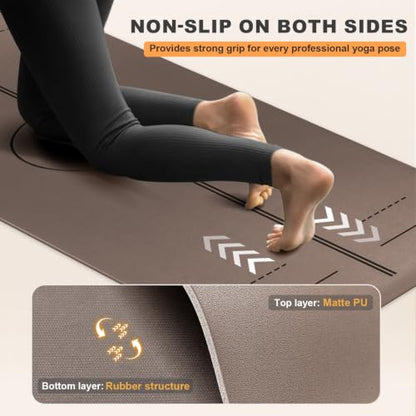 Yoga Mat - Non Slip Natural Rubber Yoga Mat, Alignment Lines, Ultimate Grip | Anti-Tear, Durable & Thick 5mm, Skin-Friendly with Free Carry Strap, Bag, for Yoga, Pilates Fitness and Floor Exercises - color: Brown