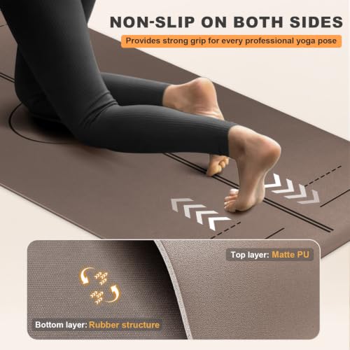 Yoga Mat - Non Slip Natural Rubber Yoga Mat, Alignment Lines, Ultimate Grip | Anti-Tear, Durable & Thick 5mm, Skin-Friendly with Free Carry Strap, Bag, for Yoga, Pilates Fitness and Floor Exercises - color: Brown