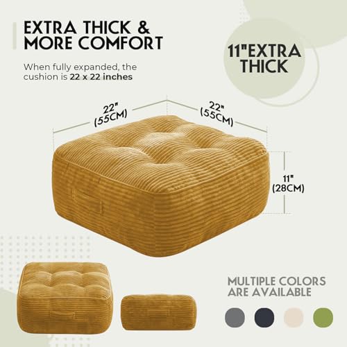 11" Thick Washable Floor Pillow for Adults, Yoga & Meditation Cushion with Handle, Square Large Pillows Seating with Removable Tufted Corduroy Cover for Tatami Living Room Board Games, Yellow