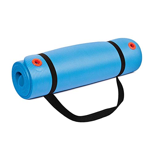 Body Sport 1/2 Inch Non-Slip Exercise Mat with Carry Strap for Men & Women - Thick Foam Surface for Yoga, Pilates, Fitness, and Aerobics - Home & Gym Workouts - color: Blue, size: 56-Inch
