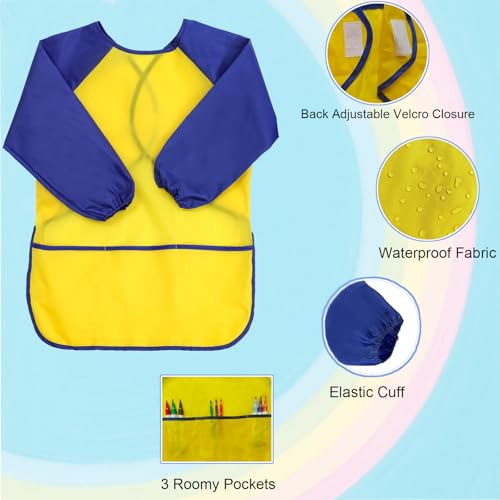 2 Pack Kids Art Smock Waterproof with Long Sleeve and 3 Roomy Pockets Artist Children Aprons for Toddlers Age 3-8 Painting Crafts（Yellow+Blue） - color: 2 Pack Yellow+blue