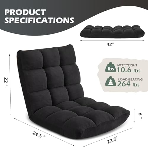 Folding Floor Gaming Chair, 14-Position Adjustable Backrest, Skin-Friendly Flannel & Aluminum Alloy Frame, Ideal for Reading, Gaming, Sleeping, Black - color: Black
