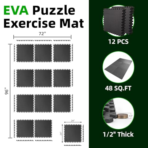 Art3d 12 Pack 24" x 24" EVA Interlocking Exercise Mats, 1/2" Thick Foam Puzzle Flooring for Workout, Gym Equipments, Training Areas, 48 Sq.FT, Black - color: Black, size: 48 Sq Ft