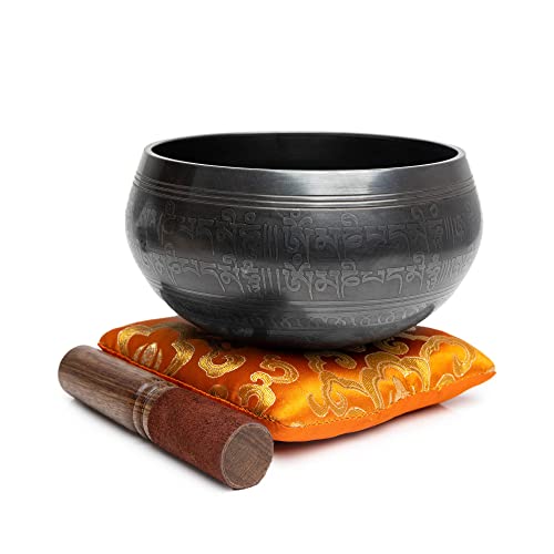 Tibetan Singing Bowl Set - Easy To Play Authentic Handcrafted For Meditation Sound Chakra Yoga Healing 4 Inches By Himalayan Bazaar (Black & Orange) - color: Black - Orange