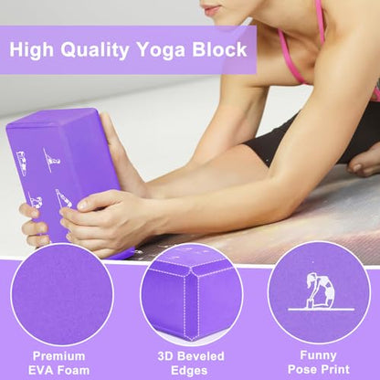 2 Yoga Block and 2 Yoga Strap Set,Non-slip EVA Foam Blocks, High Density Yoga Bricks with 6ft Strap, Supportive Latex-Free Yoga Block Accessories for Pilates - color: Purple