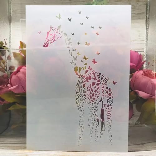 TIAMECH A4 Reusable Giraffe Stencil for Painting | Butterflies Layering Template, DIY Wall Art, Wood Furniture, Scrapbook & Crafts (8.3x11.7inch) - style: Giraffe Butterflies