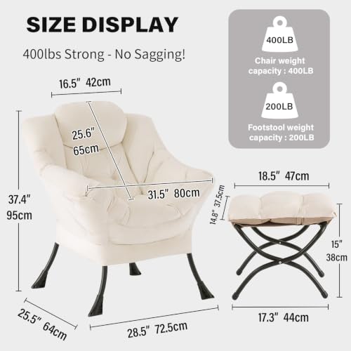 Tiita Lazy Chair with Ottoman, Modern Large Accent Lounge Chairs, Leisure Sofa Armchair with Ottoman, Reading Chair with Footrest for Bedroom, Living Room, Dorm Rooms, Garden | Foldable Footrest, Padded Seat and Backrest, Side Pocket for Lounging in Livin
