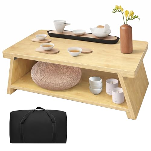 Floor Table, Altar Table Paulownia Folding Design, Low Meditation Table for Sitting on The Floor Japaness Table Tatami Table (Bamboo Color) - color: Bamboo Color