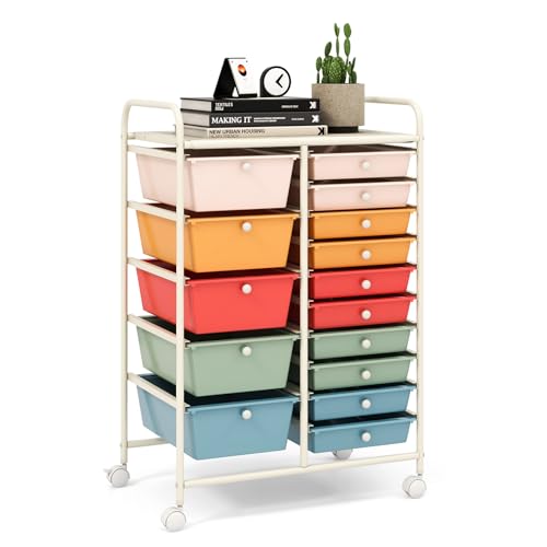 15 Drawer Rolling Storage Cart, Rolling Cart with Drawers for Classroom, Art Supply Craft Organizer on Wheel with Metal Frame & Handles for Home Office School - color: Macaron, size: 15 Drawer