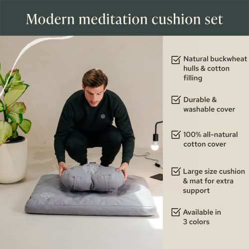 Mindful Modern 명상 쿠션 & 자부톤 명상 매트 번들 - 요가용 100% 면 명상 쿠션 세트 - 메밀 초승달 모양 Zafu 바닥 베개 직사각형 매트 - 슬레이트 그레이 색상