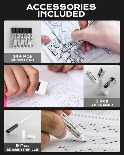 Nicpro 4 Pack Mechanical Pencil 0.5 mm with Case, MB1000 Metal Mechanical Pencil Set with 6 Tube HB #2 Lead Refill 0.5mm, 3PCS 4B Eraser, 9 Cap Eraser for Artist Drafting Writing, Sketching, Drawing | 6 Tube HB #2 Lead Refill 0.5mm, 3PCS 4B Eraser, 9 Cap