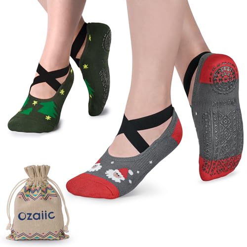 Ozaiic Pilates Socks for Women Non Slip Grip Yoga Barefoot Indoor Workout - color: Green/Red-2 Pairs