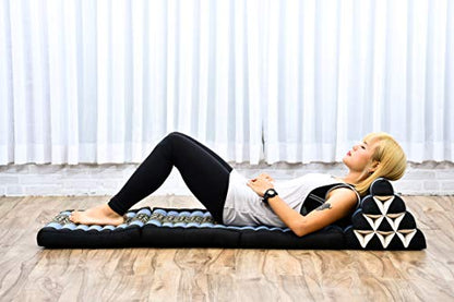 Leewadee - Comfortable Japanese Floor Mattress - Thai Floor Bed with Triangle Cushion - Futon Mattress - Thai Massage Mat, 67 x 21 inches, Blue, Kapok Filling | Floor & lounge cushion for relaxing, reading & TV - for meditation & yoga, firm & stable - col