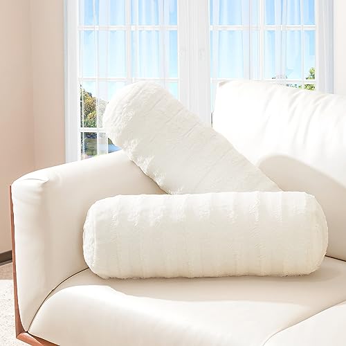 Cheer Collection Faux Fur Bolster Pillows – Soft Decorative Cylinder Pillows for Bed or Couch, Machine Washable – 8” x 24”, Set of 2, White - color: White