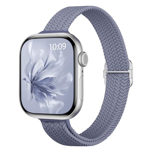 Slim Braided Stretchy Band Compatible with Apple Watch Bands Women | 40mm 41mm 42mm 38mm 44mm 45mm 46mm 49mm Thin Elastic Nylon Solo Loop Strap ,Wristband for iWatch Series 11 10 9 8 7 6 5 4 SE - color: BlueGrey, size: 38/40/41/42mm