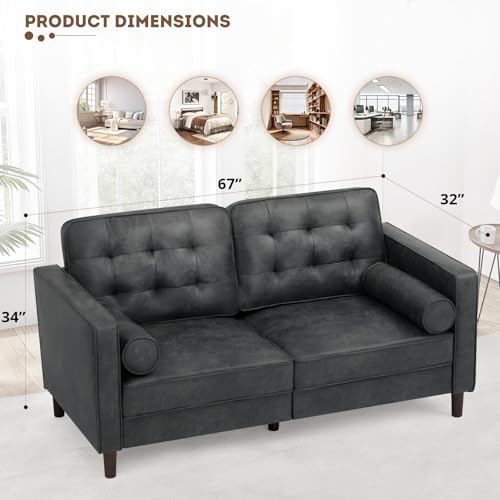 67" Suede Leather Loveseat Sofa with 2 Soft Pillows, Grey - color: Grey, size: 67" Loveseat