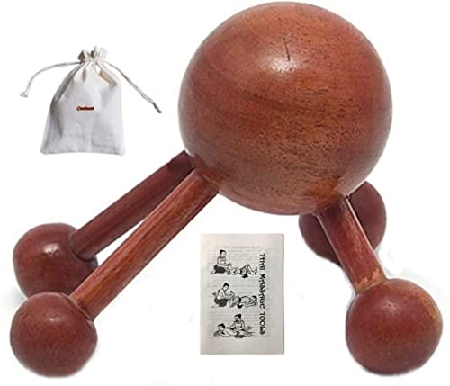 4 Legs Ball Spider Massager Handheld Stick for Shoulder, Back & Full Body Thai Wooden Trigger Point Reflexology Massage Tool w/Cloth Bag and Massage Manual