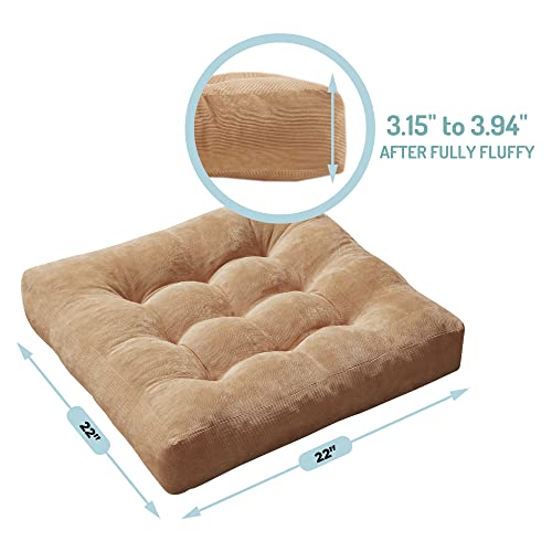 Meditation Floor Pillow, Square Large Pillows Seating for Adults, Tufted Corduroy Floor Cushion for Living Room Tatami, Coffee Brown 22x22 Inch, 1 Count (Pack of 1) | Reading nook & office use, Tatami seating, Breathable corduroy cover, 3.5 in thick, Shre