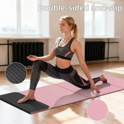 Foldable TPE Yoga Mat Thick 10mm,75" x40"Extra Large Exercise Mats | Stretch Mat Non-slip Fitness Folding Mat Easy to Carry,Wide Gym Mats for Women Men Suitable for Home Workout Travel Pilates - color: Pink