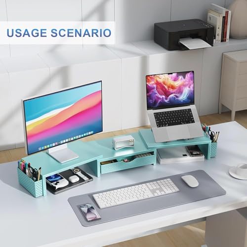 gianotter Dual Monitor Stand Riser With Drawer and 2 Pen Holders - color: Blue