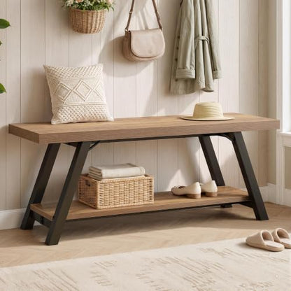 LVB Entryway Bench with Storage, Wood Bench for Entryway, 47 in - color: Rustic Oak